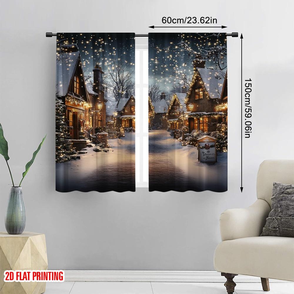 2Pcs 2D Flat printingChristmas Village Curtains Christmas Rustic House Winter Snowy Christmas Suitable For Bedroom Living Room