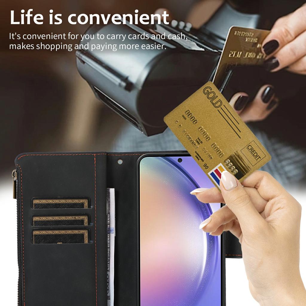 Pro Samsung Galaxy S25/S24 Pouzdro 9 slotů na karty Kosočtvercový design Kožený kryt na telefon s řemínkem na zápěstí
