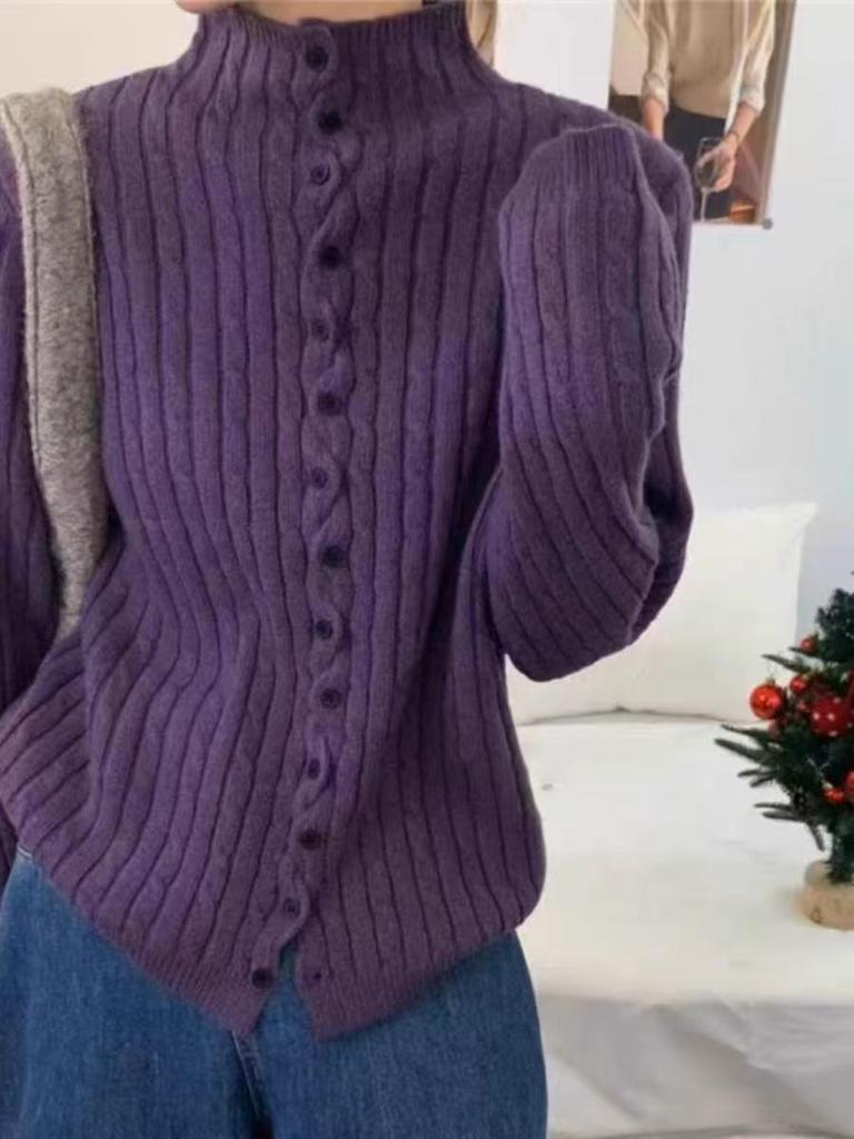 100% Pure Wool Women's High Neck Button-Up Cardigan - Autumn/Winter Sweater Coat