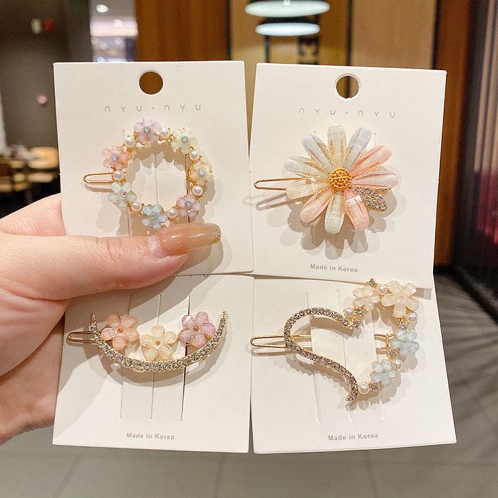 

4 шт. Милые красочные заколки для волос со стразами, Блестящие жемчужные заколки для волос, Цветочные заколки ручной работы, Аксессуары для волос для девочек, Боковые заколки, Милые заколки