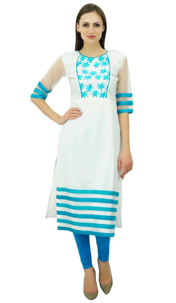 Atasi Women'S White And Blue Straight Salwar Kameez With Dupatta Suit Sets