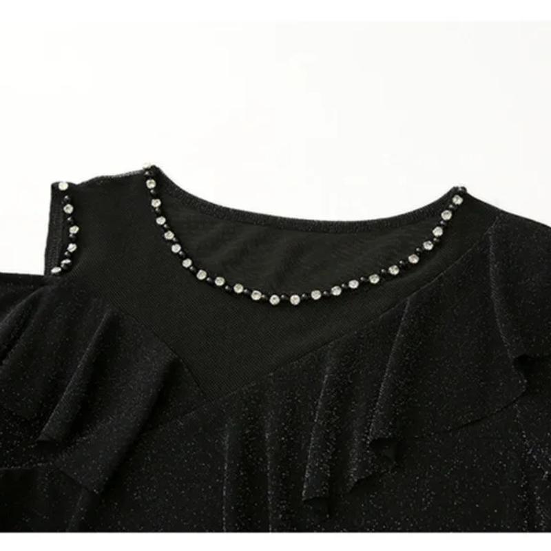 Spring Autumn New Long Sleeved O-neck Sexy Women's Beading Black T-Shirt Elegant Slim Hollow Out Ruffes Tops Tees