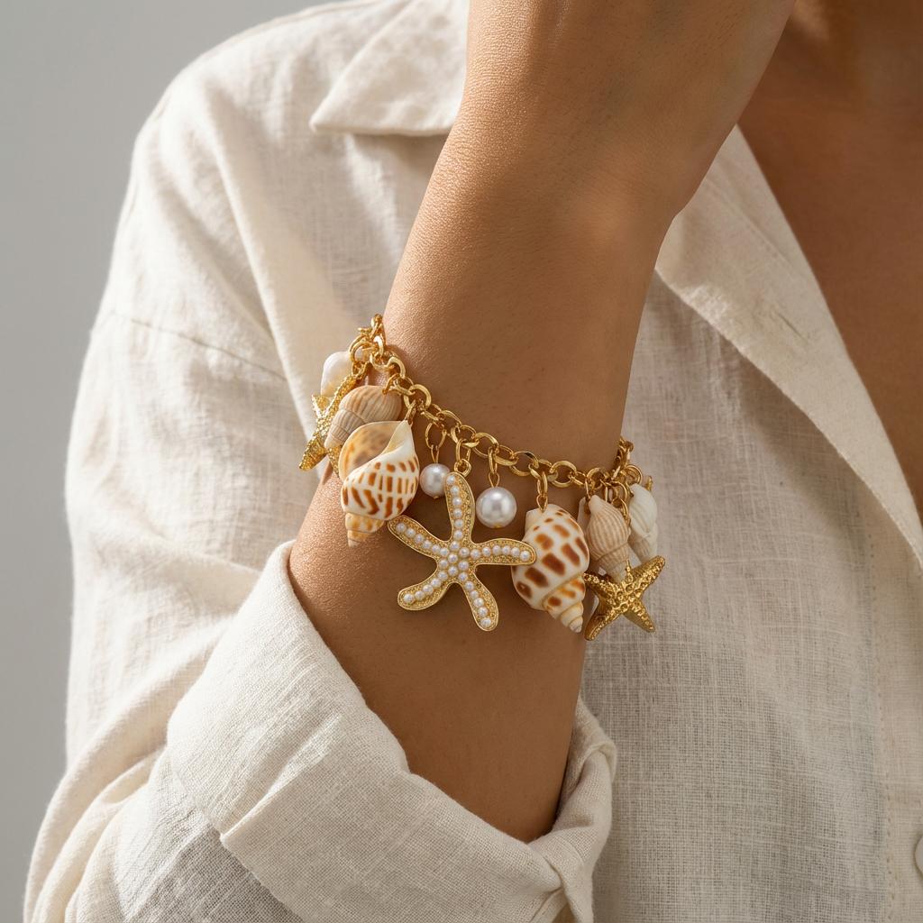 Bohemian Starfish Conch Shell Charm Bracelet for Women Gold Color Chain Pearl Tassel Bracelet Summer Beach Jewelry Vacation Gift