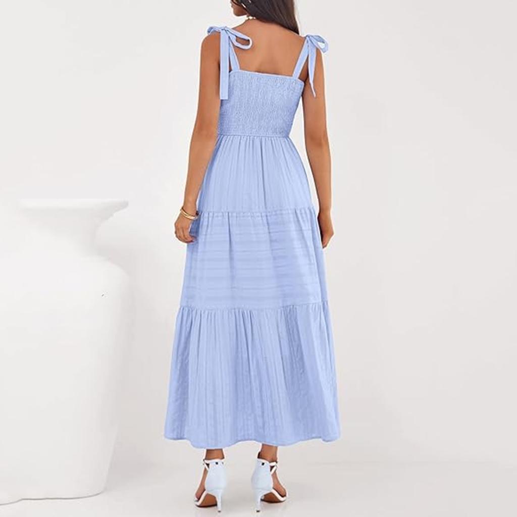 Women's Fashionable Color Shirred Sleeveless Long Dress