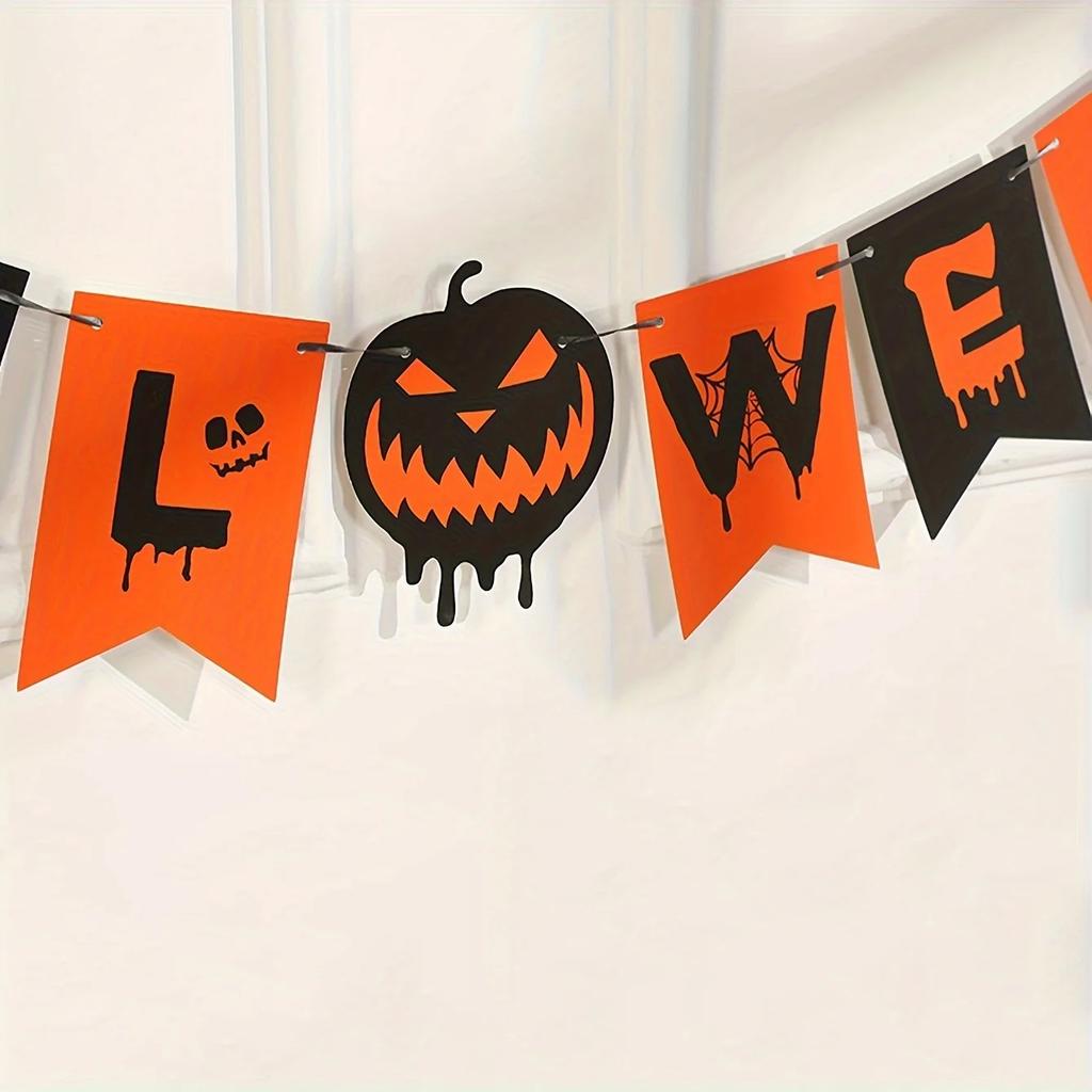 1/2pcs-Halloween Flag Hanging Ornaments-decorated with Ghost Bat Skeletons and Scary Pumpkins, Festive Decorations
