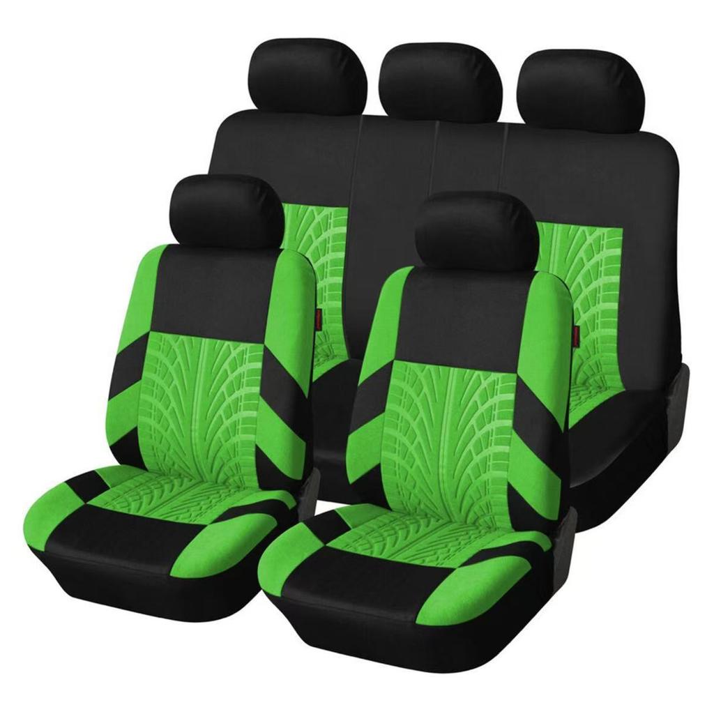 9 Piece Tire Tread Pattern Knitted Fabric Car Seat Covers Full Set Front Rear Seats Headrest Protection Durable Fit