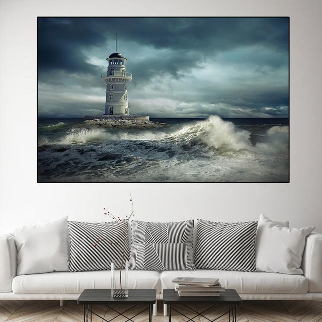 

Пейзаж Облачно Грубая волна Морской пейзаж Маяк Холст Картина Природа Плакаты и принты Настенные художественные фотографии Домашний декор Без рамки 21cm×30cm NoFrame