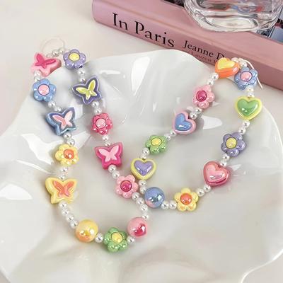 Y2K Cute Sweetheart Butterfly Flower Beaded Mobile Phone Lanyard Girls Camera Keychain Anti-loss Bracelet Rope Backpack Pendant