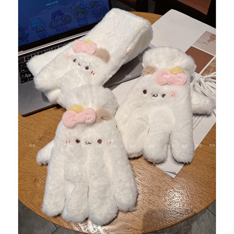 Cute plush five-finger gloves for women's season to keep warm, plush and thickened, cute students to keep out the wind and cold