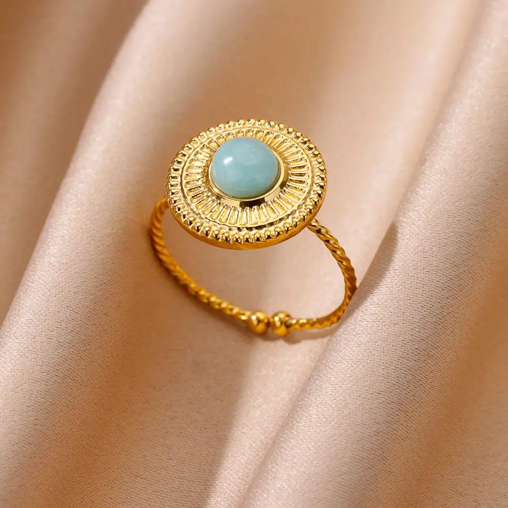 Gold Color Stainless Steel Shell Rings For Women Vintage Oval Blue Stone Adjustable Ring Fashion Party Jewelry Anniversary Gift