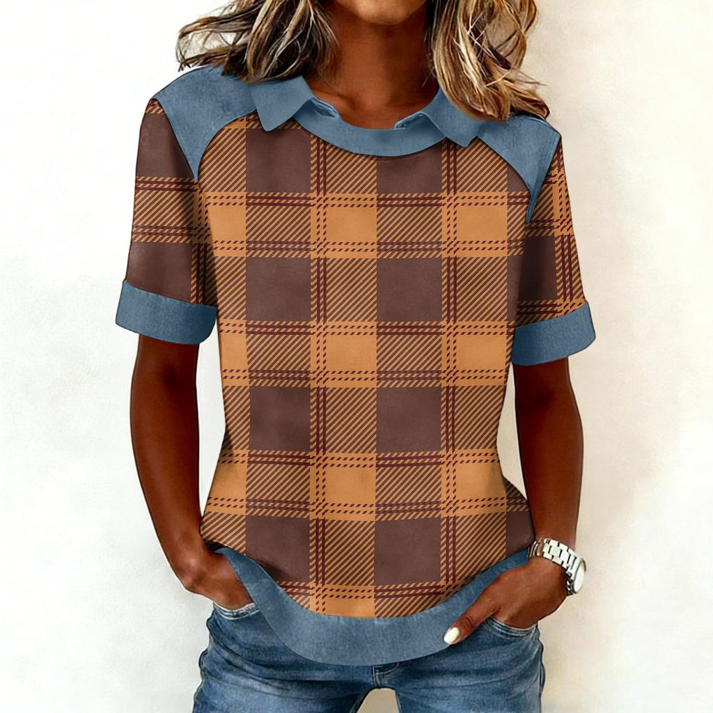 Women's Fashion Collar Cowboy Splicing Sweatshirt Casual Printed Hoodie Short Sleeve Shirt Top