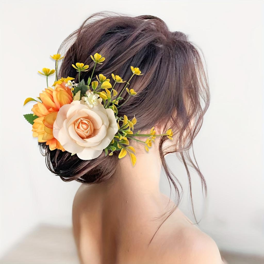 Elegant Floral Hair Comb for Women - Rustic Countryside Style, Vibrant Artificial Flowers, Scent-Free Fabric, Perfect for All Hair Types