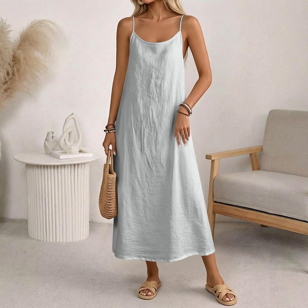 Women's Fashion Casual Loose Sleeveless Tank Top Cotton-Linen Mid Length Dress