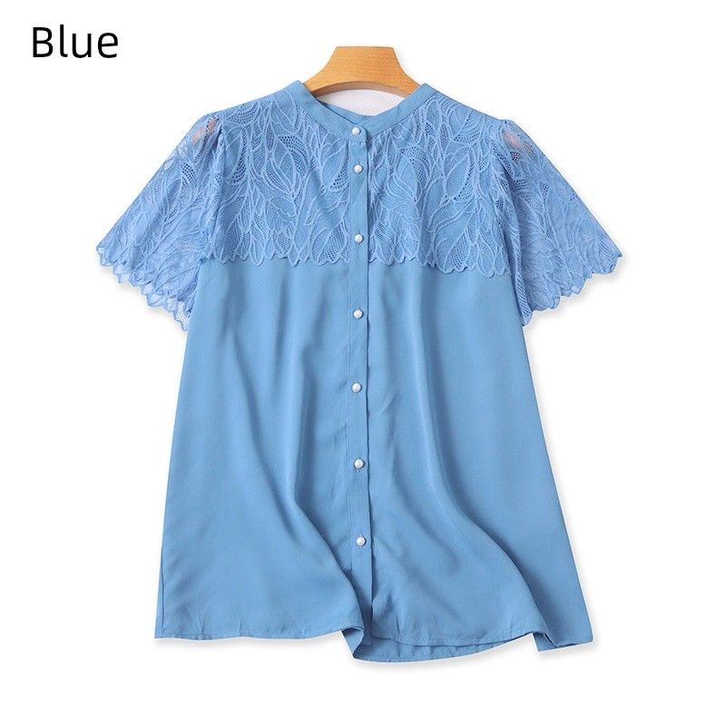 

Export Japanese Single Blouses round Neck Single-Breasted Lace Patchwork Loose Slimming and All-Matching Drape Comfortable Shirt Blue S