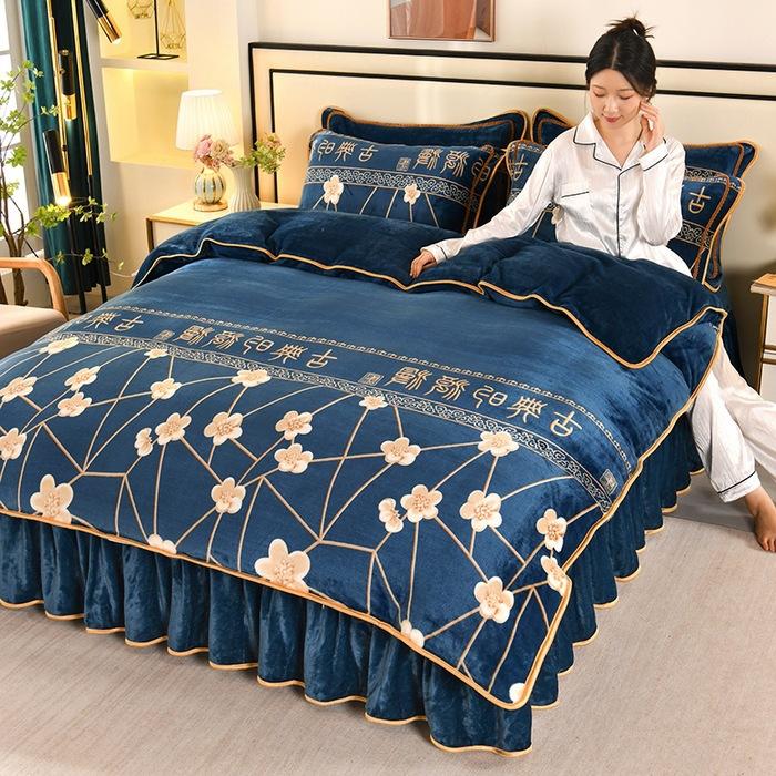 

Теплый Утолщенный Молочный Флис Четырехпредметный Комплект Флис Коралловый Флис Пододеяльник Юбка для Кровати Фланелевое Постельное Белье 1.5m skirt 4pc (quilt cover 200 * 230cm)