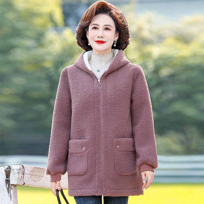 Mom's Elegant Winter Hooded Lambswool Coat with Fleece Lining - Thickened, Fashionable, for Middle-Aged and Elderly Women