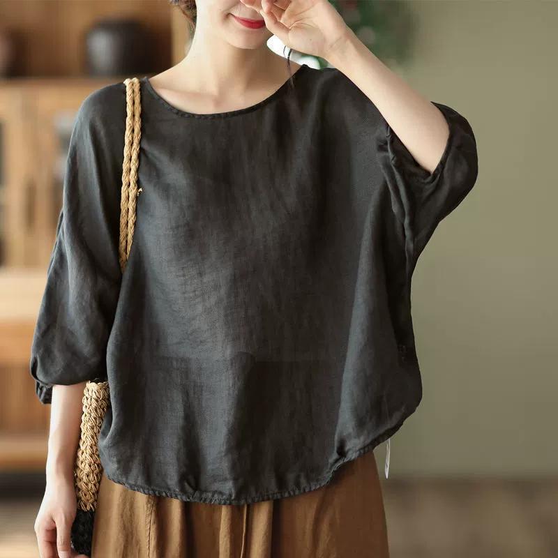 

Comfortable Thin Casual Elegant Linen-cotton Light Purple Women s Plus Size Loose Three-quarter Sleeve Top for Spring and Summer 3XL чорний
