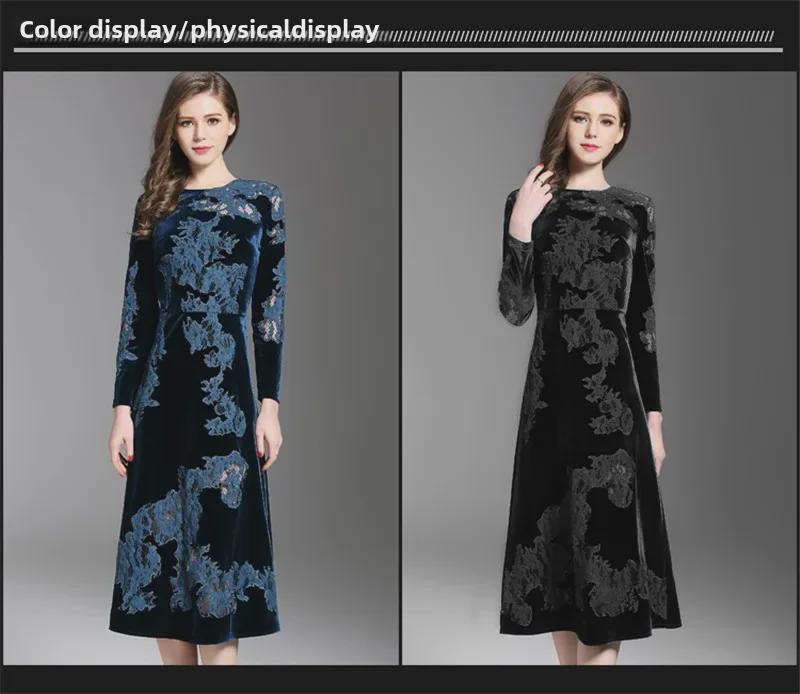 Damska sukienka midi z haftem z złotego aksamitu - Styl koreański