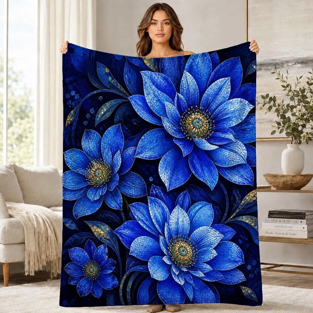 Blue Mosaic Flowers Coral Fleece Blanket