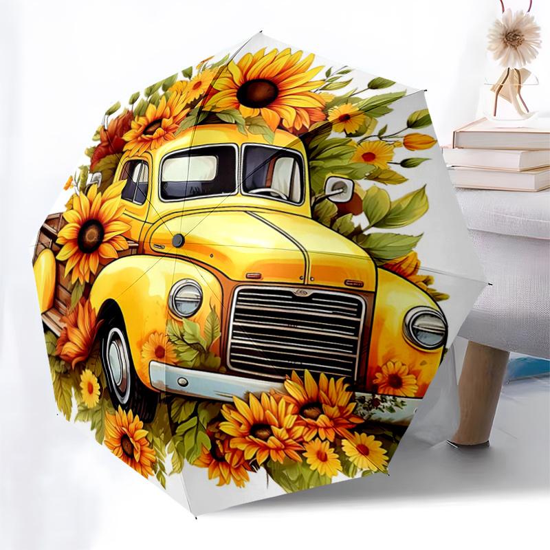 Sunflower Pickup Truck with Automatic Opening Umbrella - Portable Folding Design, 8-Bone Iron Frame Outdoor Umbrella, Ideal Gift for Fans, T