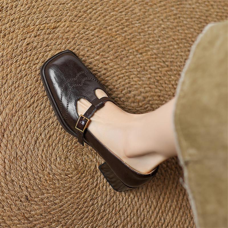Fashion New Spring/summer Genuine Leather Mary Jane Shoes for Women Fashion Square Toe Shoes High Heels Women Pumps Chunky Heel Black
