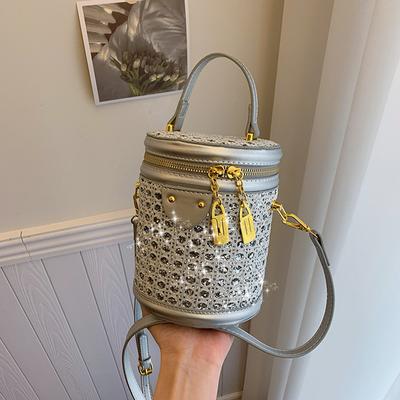 Bolsa feminina de ombro cilíndrica com strass estilo western moda transversal