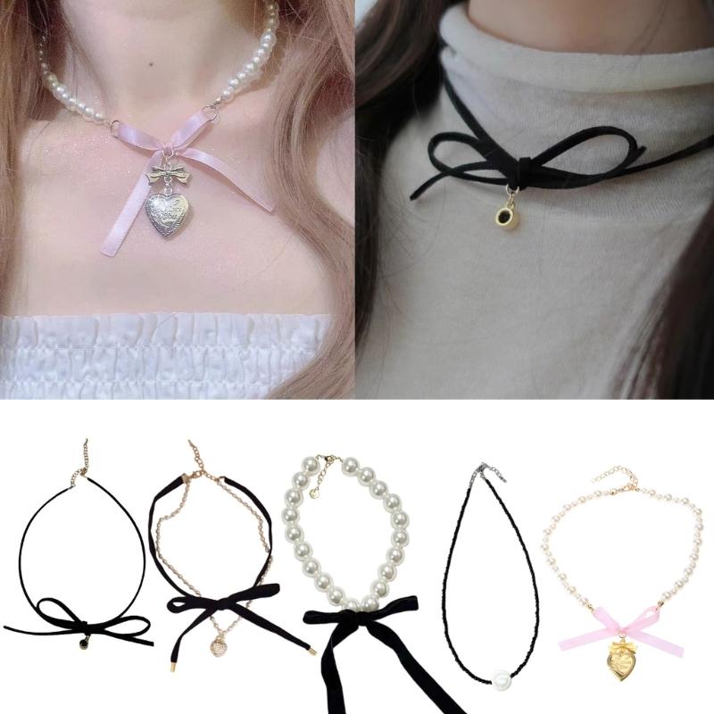 Elegant Bowknot Necklace Pearls Beads Heart Pendant Clavicle Chain French Style Collarbone Chains for Women Girls