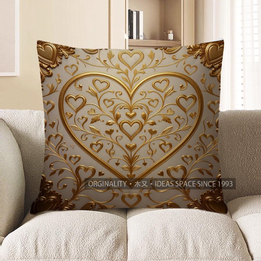 2D Gilded Heart Patterns Decorative Pillow Covers Pattern Cushion Cover Suitable For Sofa Bedroom Car Pillow Cover