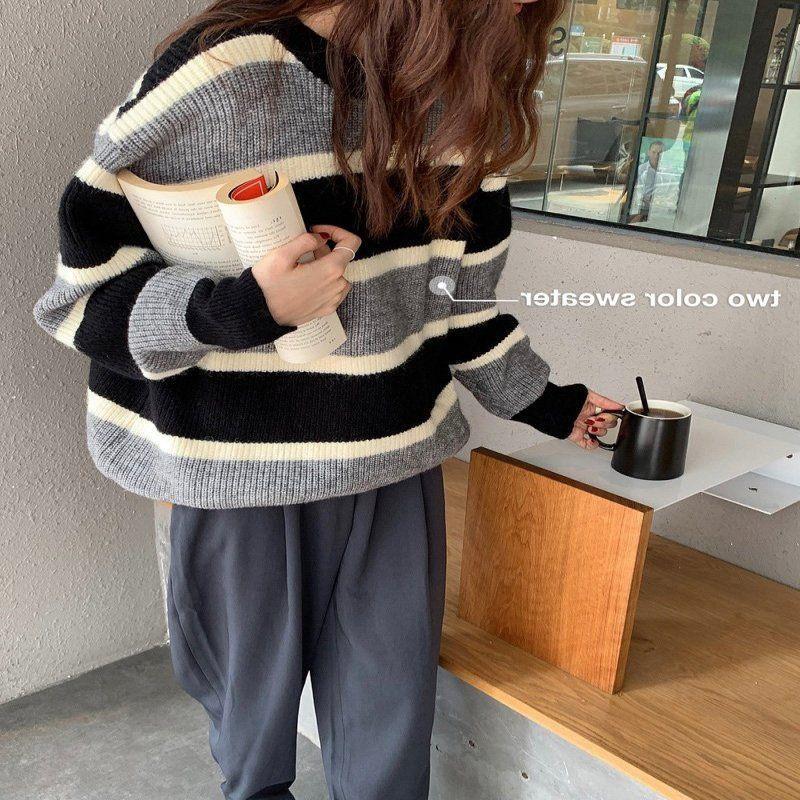 Women's  Striped Sweater Knitted Sweater Autumn and Winter Retro Color Blocked Loose Sweater
