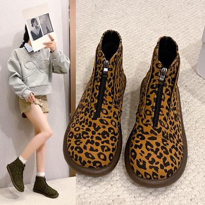 Autumn and Winter New European and American Simple and Versatile Leopard Print Low Heel Short Tube Front Zipper  Large Size Fashion Boots