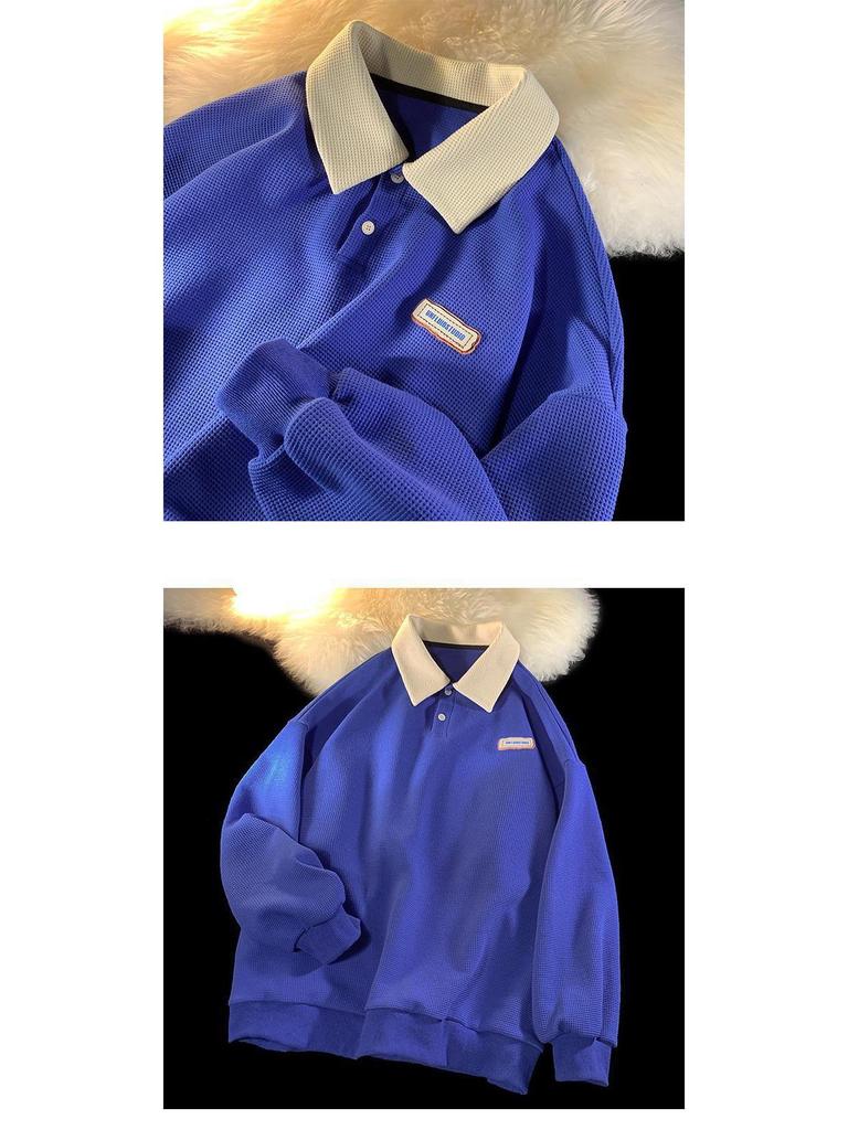 Men's Japanese Oversized Navy Blue Lapel Polo Shirt - Long-Sleeved, Lightweight Summer Sweater, Unisex Design