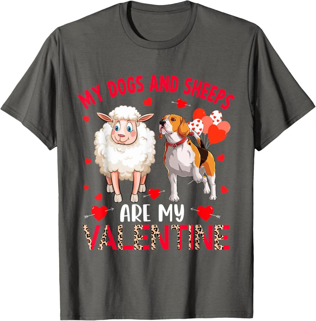 My Dogs And Sheeps Are My Valentine Beagle Sheep Graphic Tee Casual Cotton T-Shirt