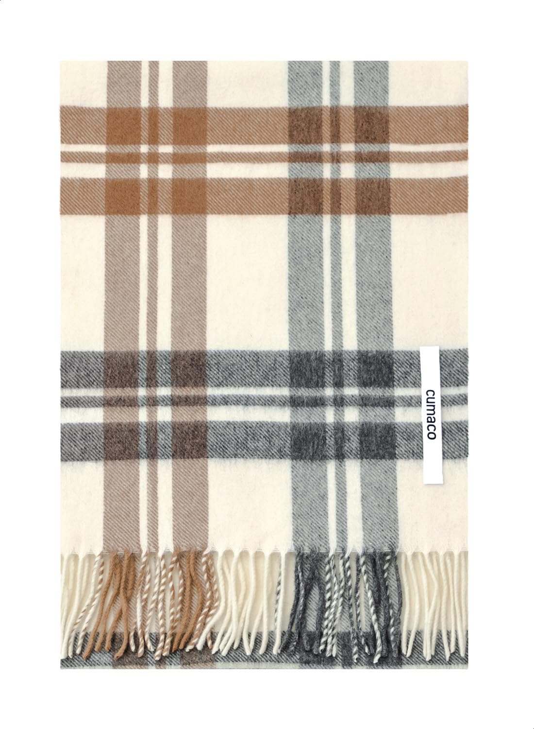 

Ivory Brown Cashmere and Wool Plaid and Check Wool Brand Light [cumaco] 19. Scarf, Pattern, Unisex, Large, Thick, Blend, Name, Gift, Brown,