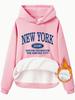 European/American Style Fleece-Lined Hoodie with New York Print and Kangaroo Pocket for Women - Autumn/Winter