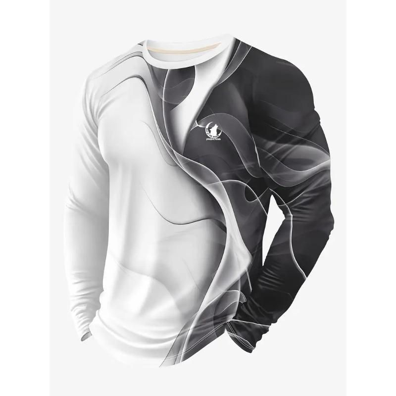 3D Digital Printed and Blended Pattern Men's Round Neck Long Sleeved T-shirt for Casual Spring and Autumn Outdoor Wear, Comfortable To Wear