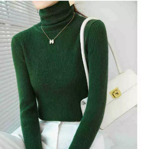 

Женский модный облегающий вязаный свитер с высоким воротником однотонного цвета 2024 One Size темно-зеленого