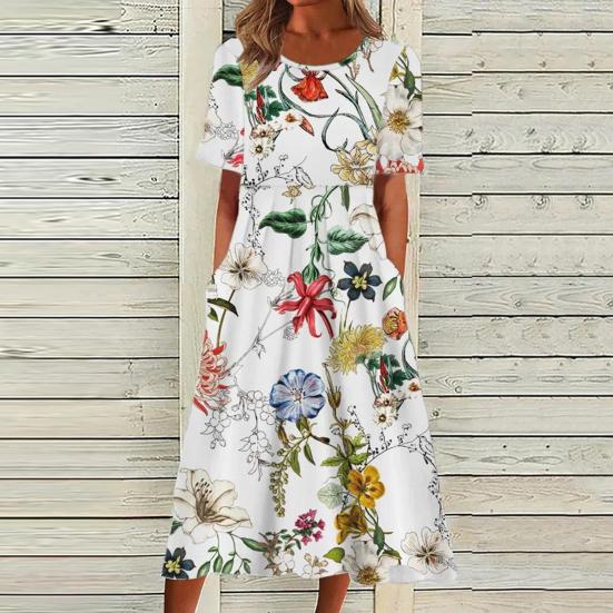Dámské letní šaty s krátkým rukávem Ležérní květinový potisk Midi šaty s kulatým výstřihem a kapsami Splývavé plážové letní šaty do A