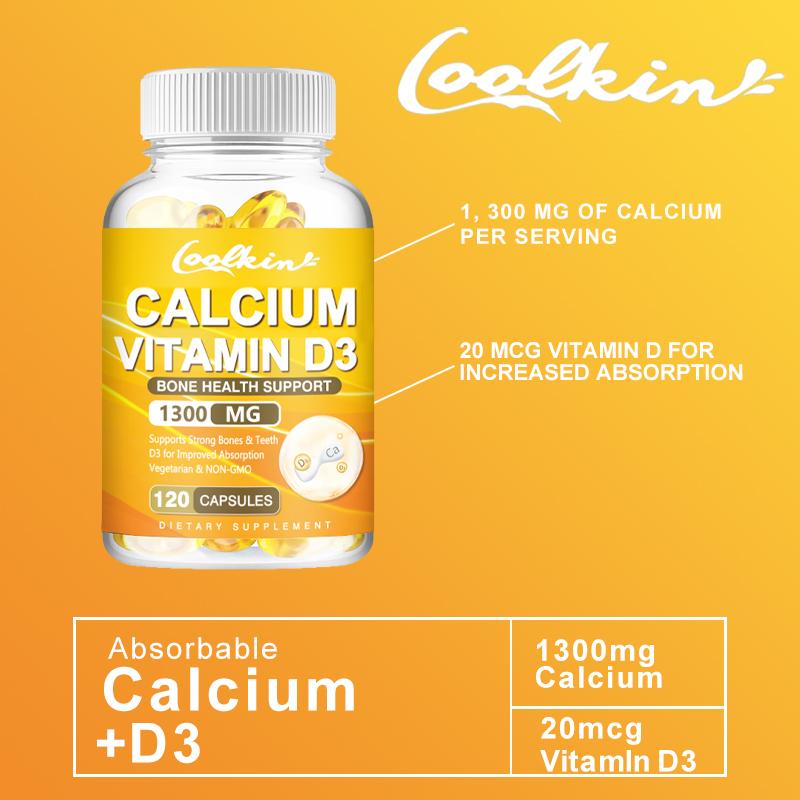 Coolkin - 1300mg Calcium + Vitamin D3 Capsules - For bone, teeth, and muscle health