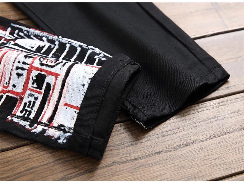 European and American Men's Elastic Straight-Leg Jeans with Print - Street Fashion Casual Pants