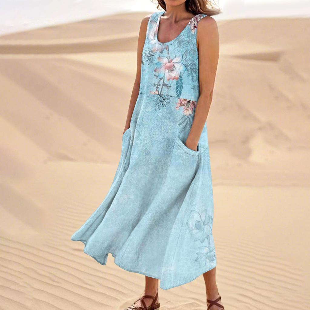 Women's Summer Casual Fashion Flower Printed Sleeveless  Pocket Dress