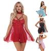 3 Pcs/Set Nightdress Panties Collar Set Hollow Out Lace-up See-through Lace Mesh Backless Adjustable Straps Hook-and-Eye Closure G-string Sleepwear