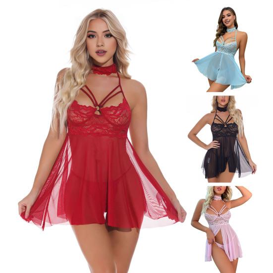 3 Pcs/Set Nightdress Panties Collar Set Hollow Out Lace-up See-through Lace Mesh Backless Adjustable Straps Hook-and-Eye Closure G-string Sleepwear