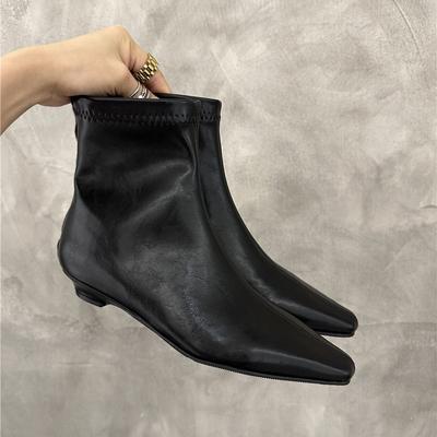 Temperament Low Heel Square Head Fleece Short Boots Women's 2024 Autumn and Winter New Simple Women's Boots Short Boots French Skinny Boots