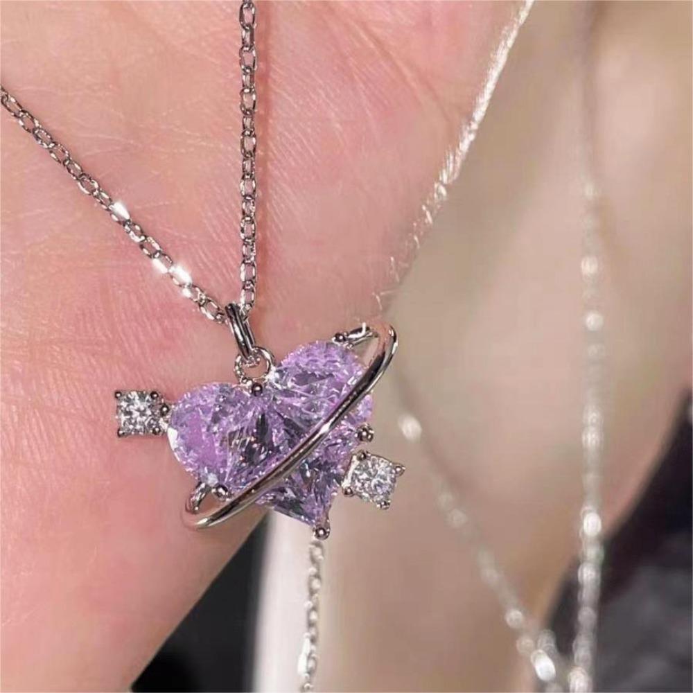 Pink Planet Heart Zircon Pendant Necklaces Women Clavicle Chain Valentines Day Gift Party Jewelry
