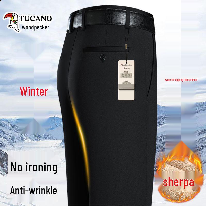 Men's Lambswool Fleece-Lined Straight-Leg Dress Pants for Autumn/Winter