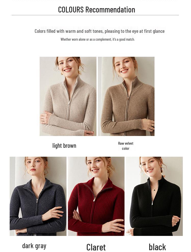Women's Slim Fit Striped Cashmere Cardigan - Stand Collar, Long Sleeve, Zipper Knitwear Sweater for Autumn & Winter