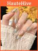 Ice Transparent Nail Stickers With Hand-painted Marble Pattern Long Style Removable Forest Mist Color