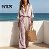 High-end Casual Women Wear Women's Boho Cotton Linen 2 Piece Sets, 3/4 Sleeve Printed Shirts Pear-shaped Figure Clothing And Wide Leg Pants