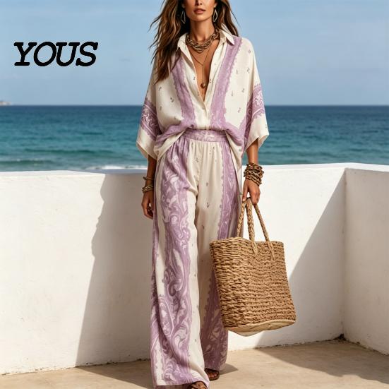 High-end Casual Women Wear Women's Boho Cotton Linen 2 Piece Sets, 3/4 Sleeve Printed Shirts Pear-shaped Figure Clothing And Wide Leg Pants
