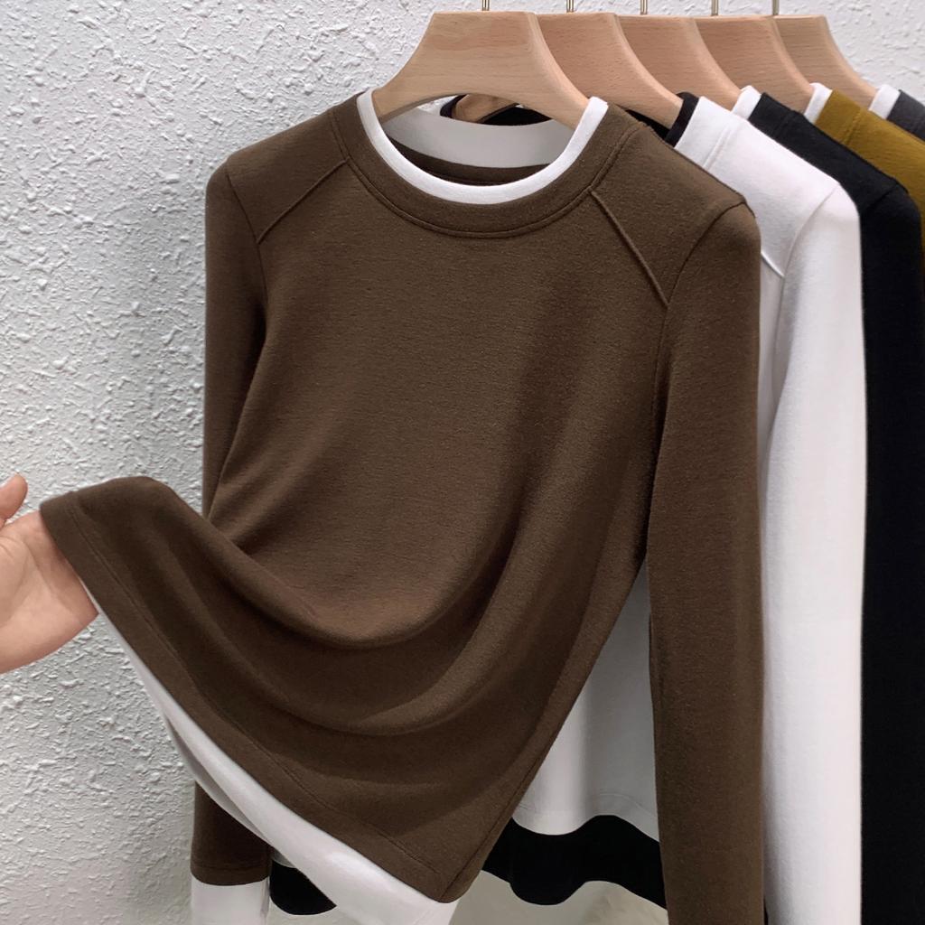 Spring and Autumn New Crew Neck Inner Bottom Shirt Women's Shoulder Slim Fake Two-piece Contrasting Splicing Top